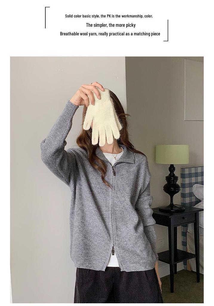 2026 Autumn/Winter Women's Pure Wool Zipper Stand Collar Knit Cardigan Sweater