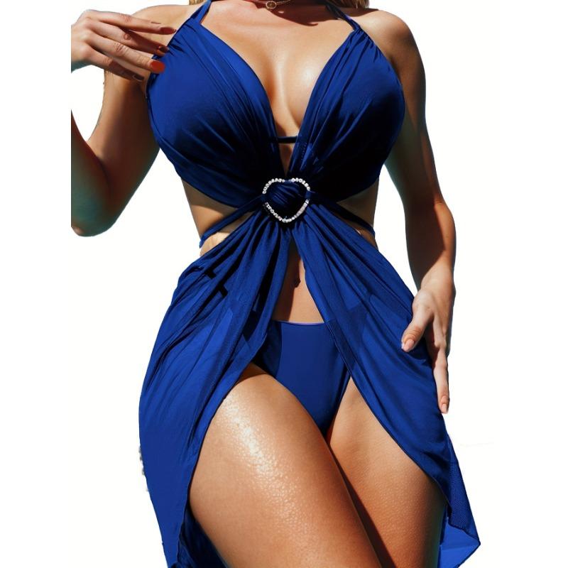 

Women s Black Heart Ring Mesh Overlay Halter Two-Piece Swimsuit S синий