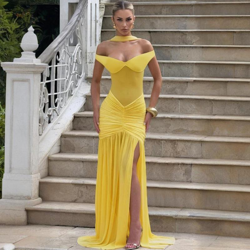 Seksowna Sukienka Bandeau z Dekoltem na Szyję Modna Elegancka Siateczkowa Plisowana Rozcięcie na Biodrze Sukienka Owijana