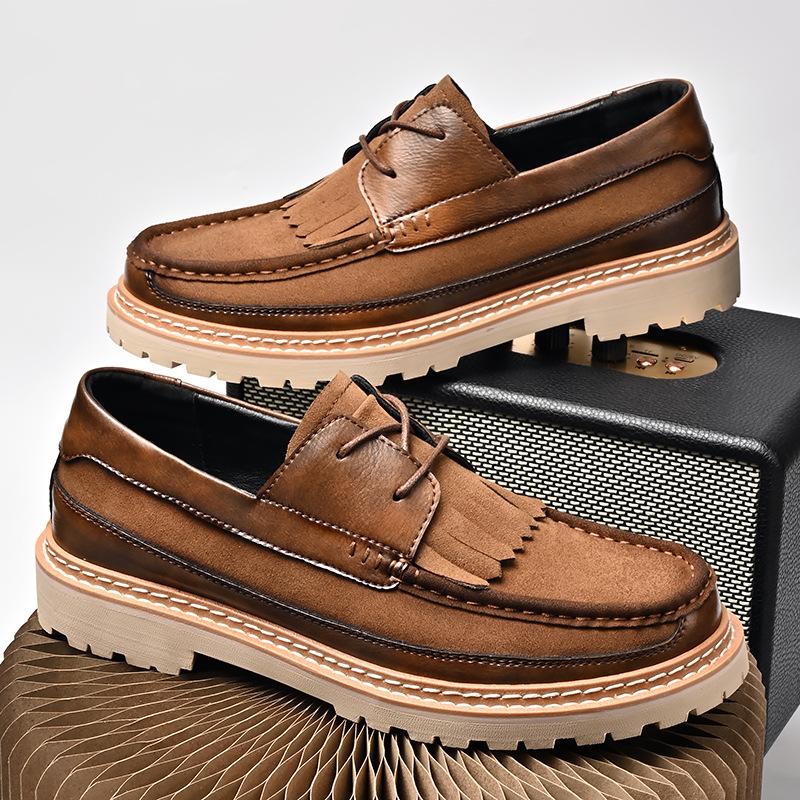 

Мужская летняя новая обувь 2025 года на платформе в британском стиле, повседневная обувь высокого класса, мужская обувь для путешествий на открытом воздухе со шнуровкой из кожи Tide 38 коричневый