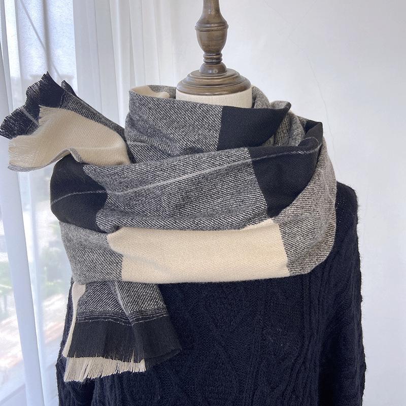 Autumn And Winter Scarf Women'S Versatile Long Style Imitation Cashmere Retro Large Grid Tassel Scarf Shawl
