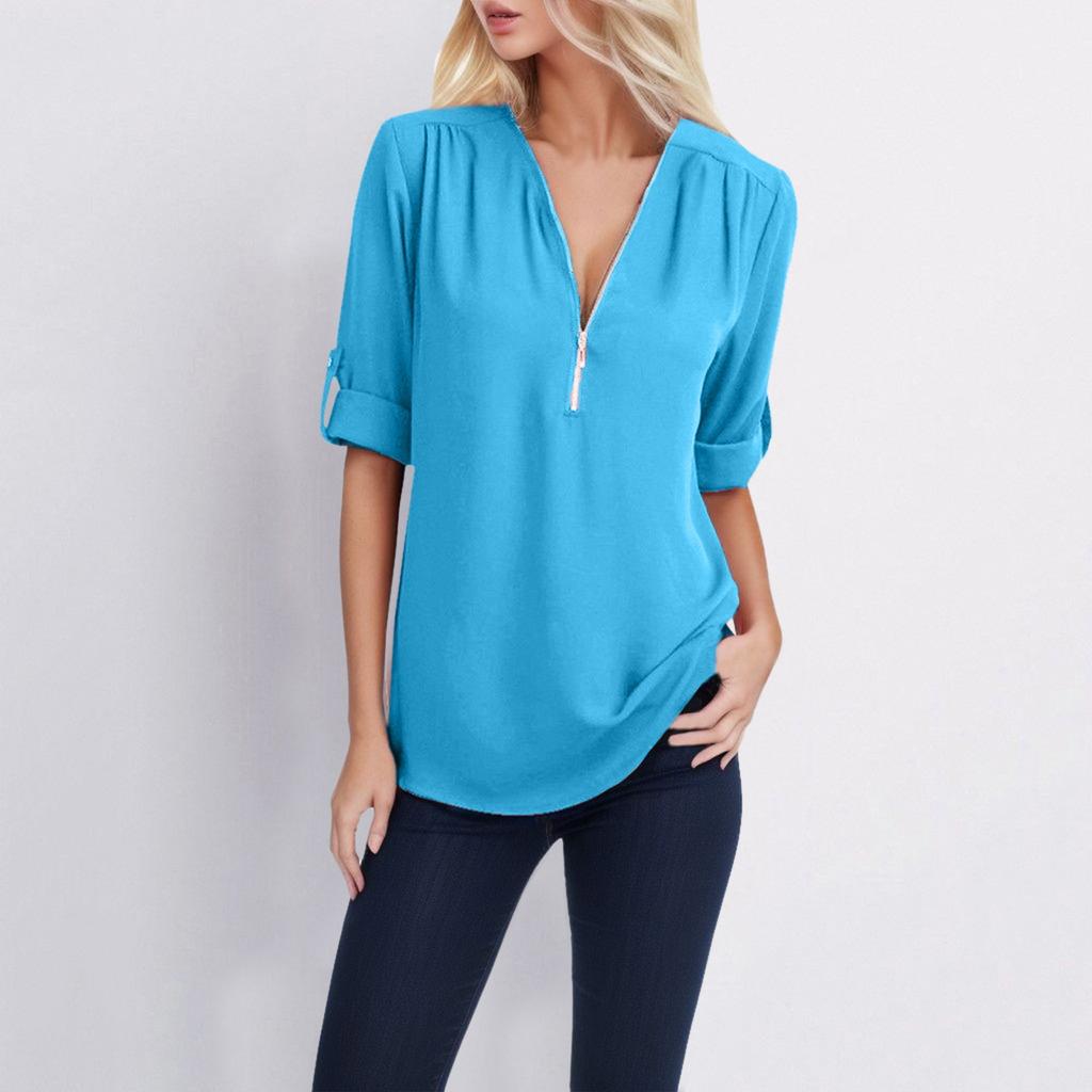 Summer and Autumn Shirt V-neck Zipper Large Size Women's Long Sleeve Can Roll Sleeve Short Sleeve Loose Shirt