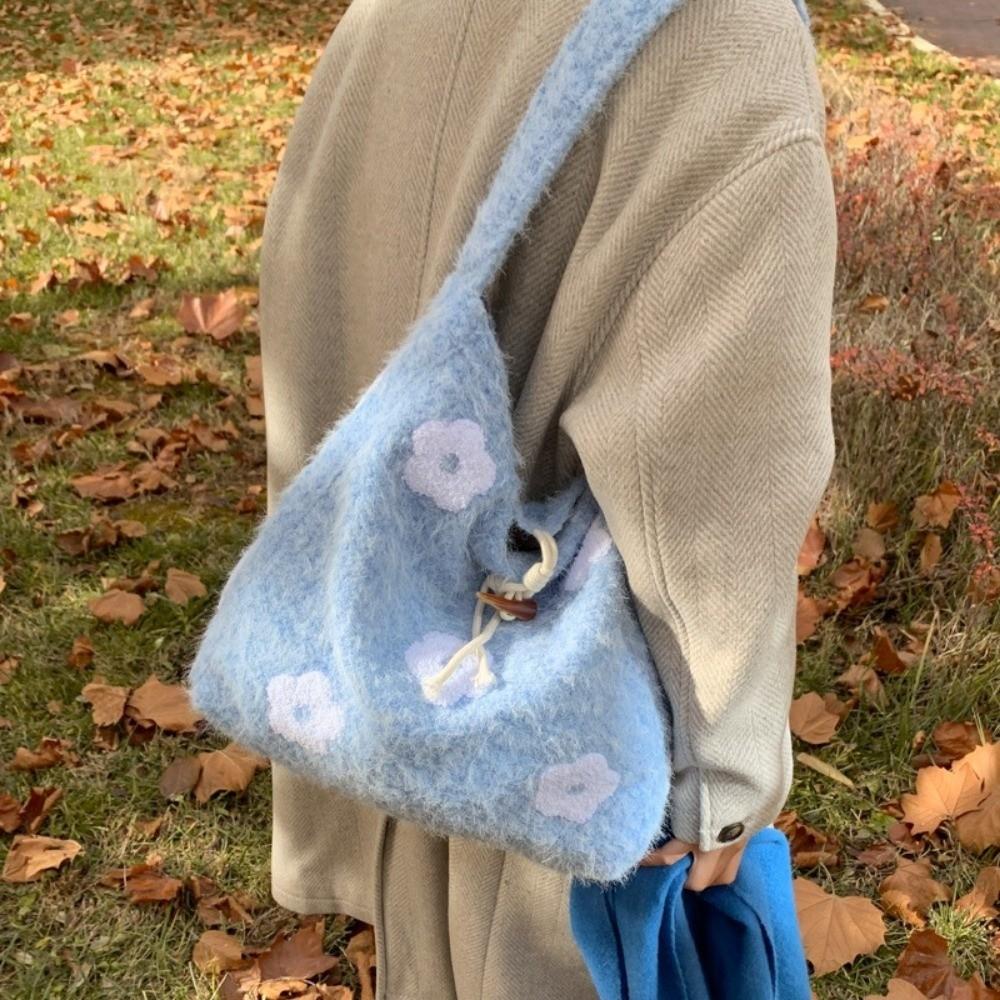 Large Capacity Plush Tote Bag Soft Polyester Lining Floral Handle Bag Underarm Bag  Ladies Purse