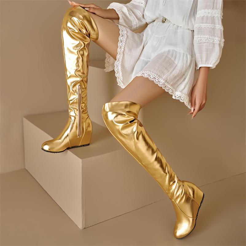 FOREADA Women Thigh High Boots Round Toe Height Increasing Pleated Zipper Metallic Long Boots Ladies Fashion Shoes Autumn Winter 43