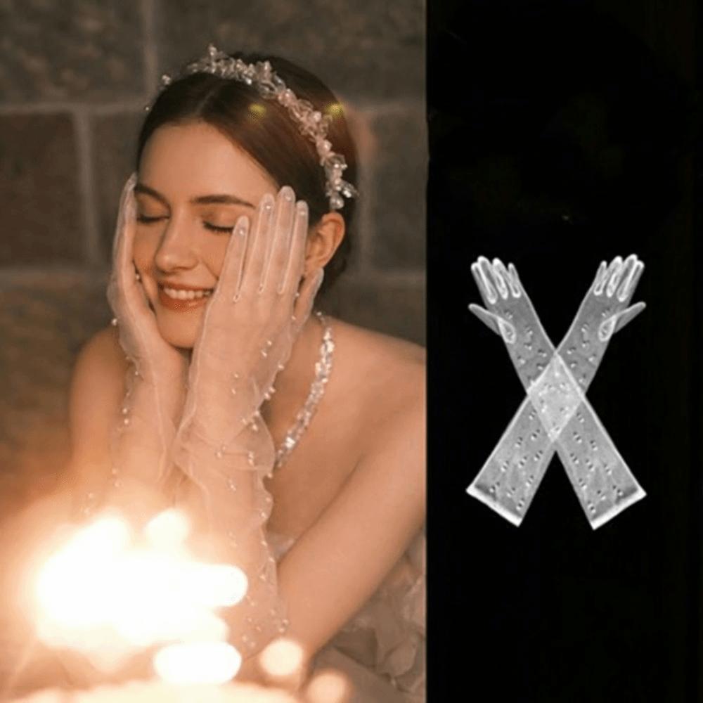 White Wedding Bridal Gloves Lace Long Finger Mittens Retro Satin Long Gloves  Women