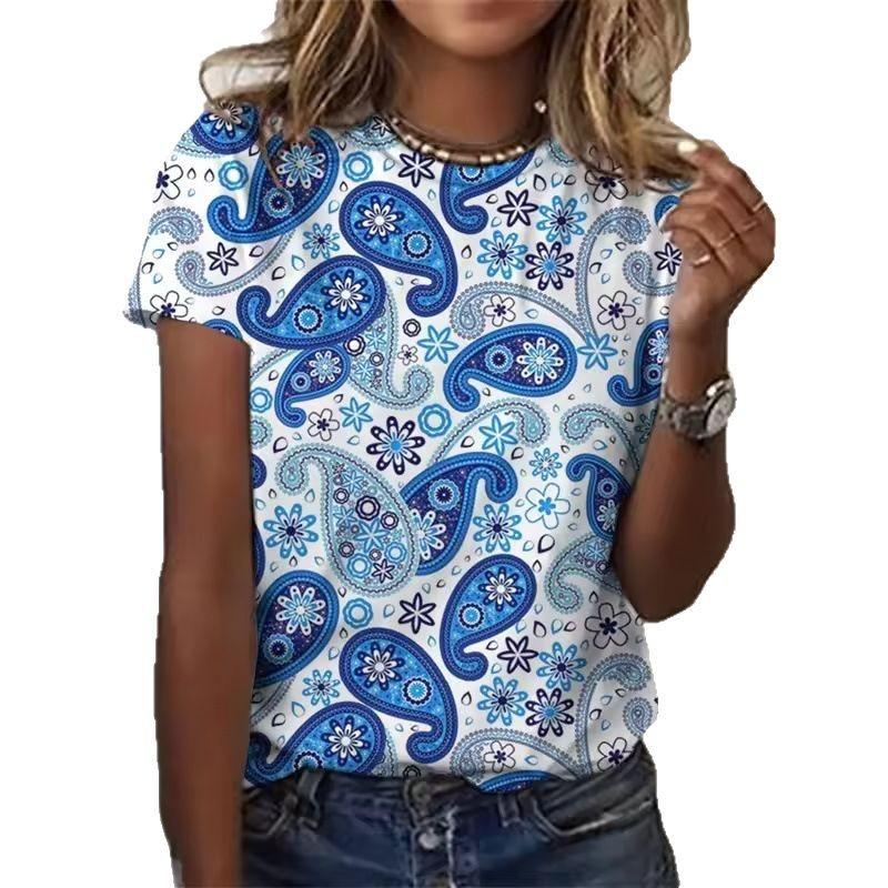 Summer Round Neck 3D Retro Print Top Fashionable Casual Short Sleeved Women's T-shirts