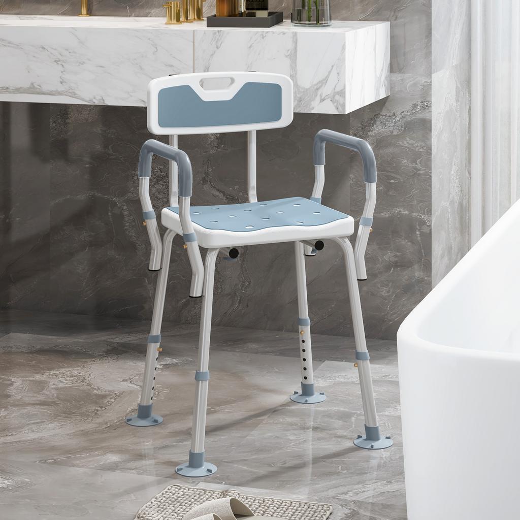 EVA Padded Shower Chair for the Elderly and Disabled, Height Adjustable Shower Stool with Back and Arms, 4 Suction Foot Pads, Light Blue