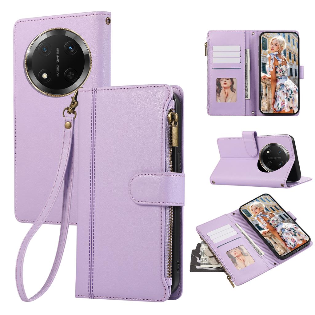 For Honor X60 Pro 5G/X9c 5G/Magic7 Lite 5G Case Multi Card Slots Zipper Leather Phone Cover with Wrist Strap