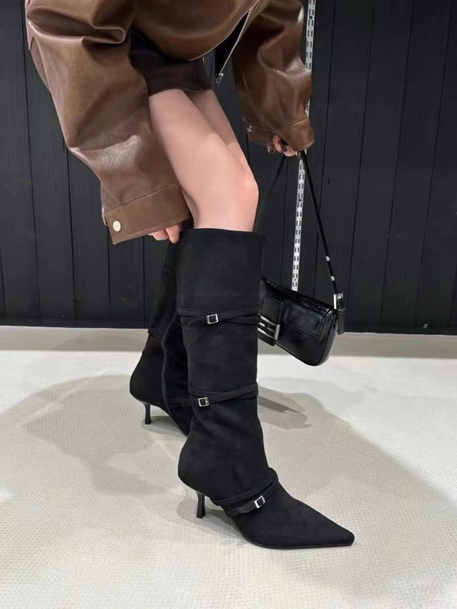 

Сапоги женские ремешок замша тонкий каблук острый носок сапоги высокий каблук, но до колена 40