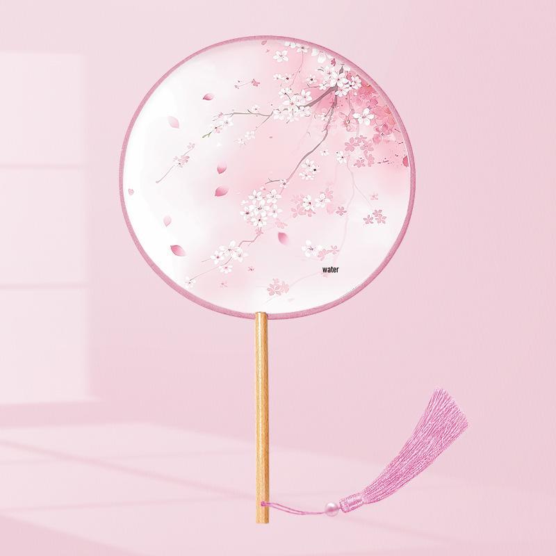 Girls' Summer Hanfu Dance Fan: Long Handle, Double-Sided Embroidered Round Fan for Traditional Costume
