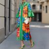European Summer Fashion Casual Temperament Floral Print Lantern Sleeve V-neck Medium and Long Dress
