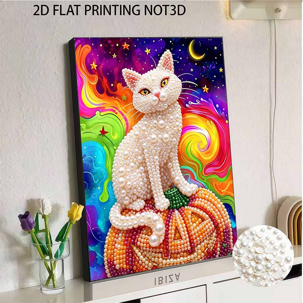 DIY rahmenloses Perlenkunst-Set Bunte Katze auf Kürbis-Design 3D-Perlenmalerei-Leinwand Entspannendes handgemachtes Handwerk für einzigartige Wohndekoration