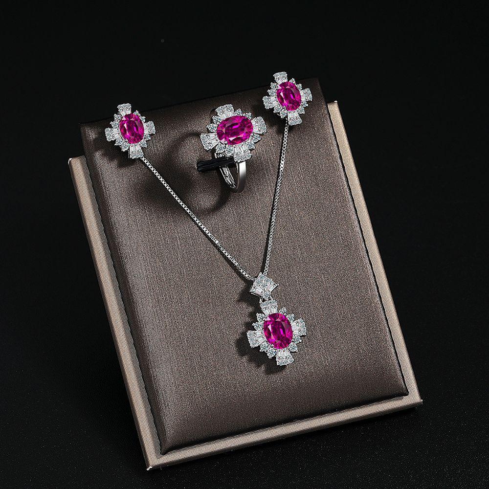 

925 Sterling Silver Set High Quality Gem Necklace Earring Ring Chain Fashion Jewelry For Women Wedding Birthday Gifts resizable