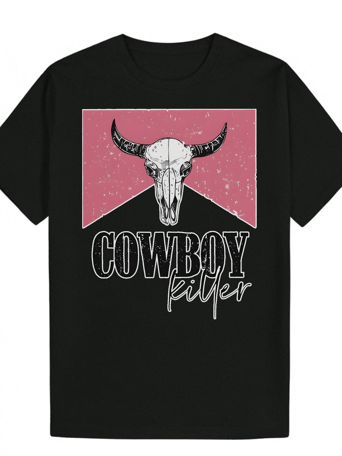 Short Sleeve T-shirt - Black Cow Skull & Cactus Graphic with COWBOY Buyer Text L