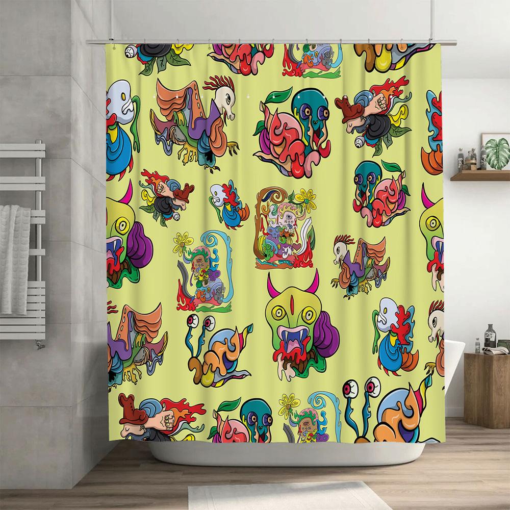 Brightly Colored Cartoon Print Shower Curtain with Multiple Animal Designs for Bathroom Decor 72x84 Inch (Yellow)