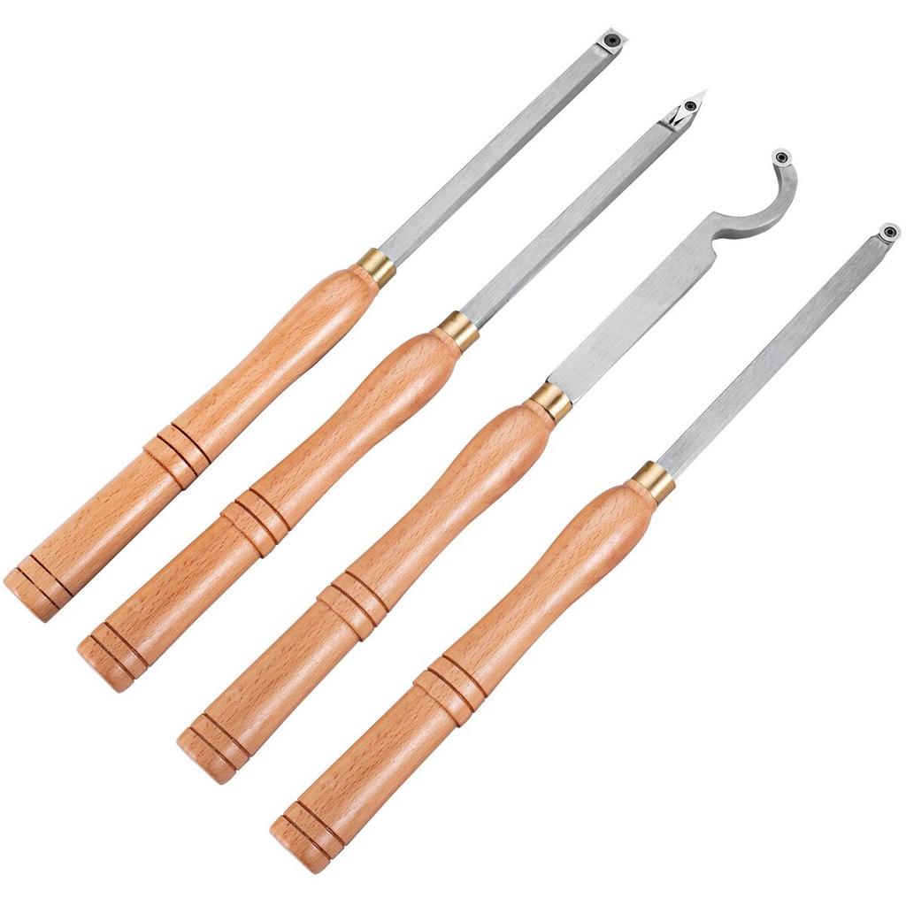Wood Turning Tools for Lathe 4 PCS Set, Carbide Lathe Tools with Diamond Shape, Round, Square Cutters, Turning Lathe Chisels with Comfortable Grip