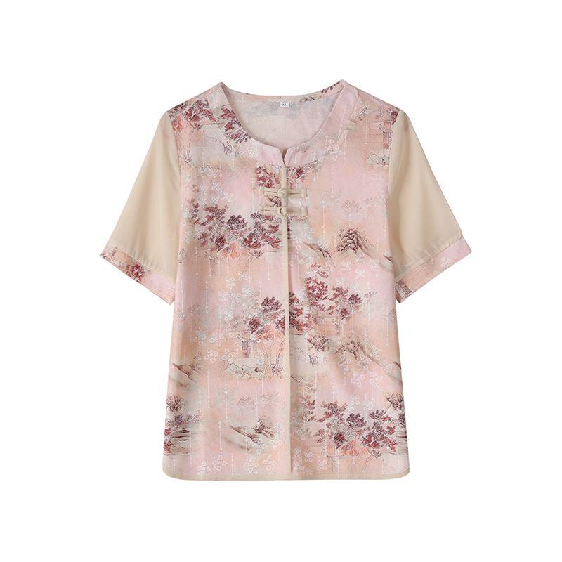 Dámský nový styl sešívaný kulatý výstřih knoflíkový potisk módní volný ležérní všestranný top s krátkým rukávem