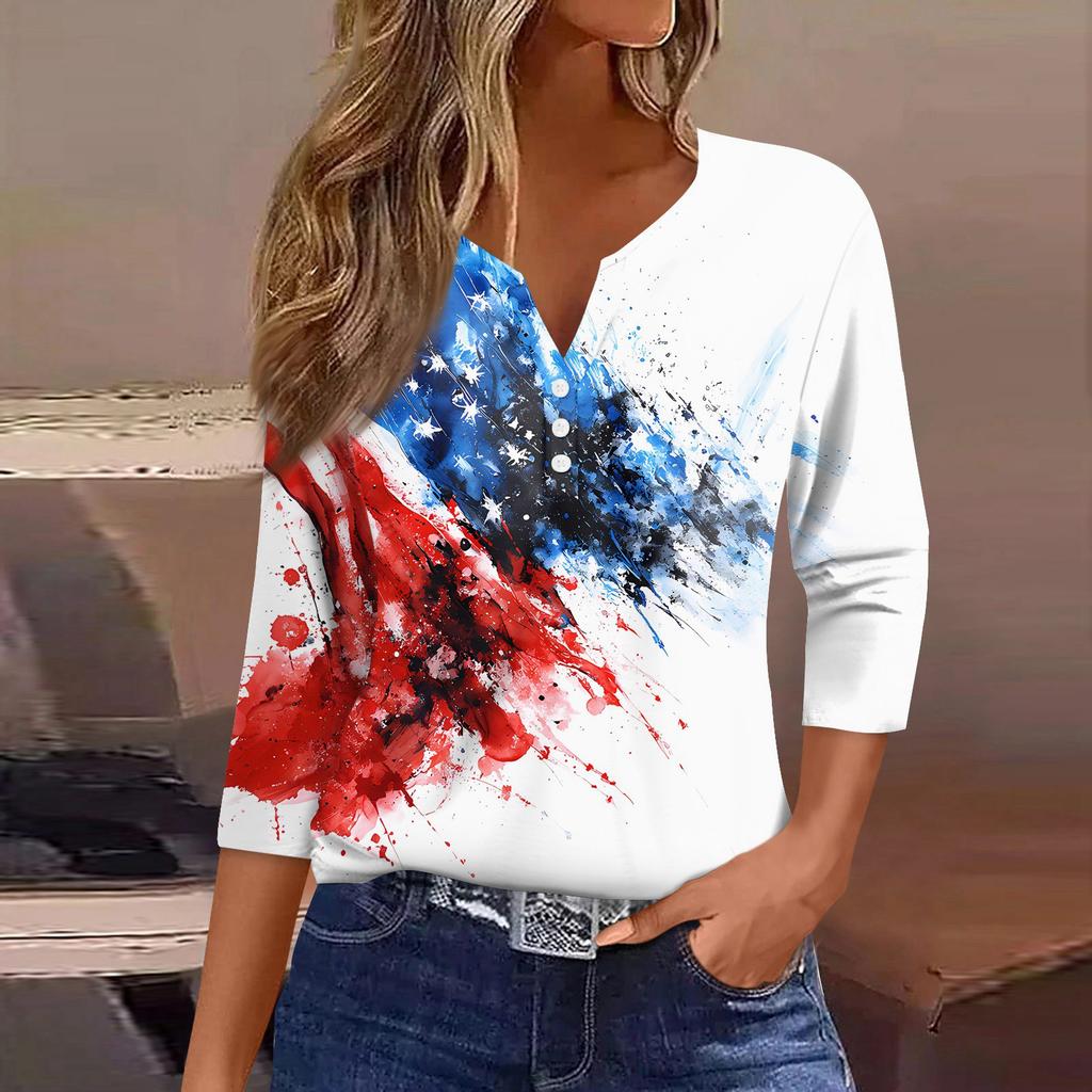 Women's T Shirt Independence Day Print Button 3/4 Sleeve Daily Weekend Fashion Basic V- Neck Regular Top