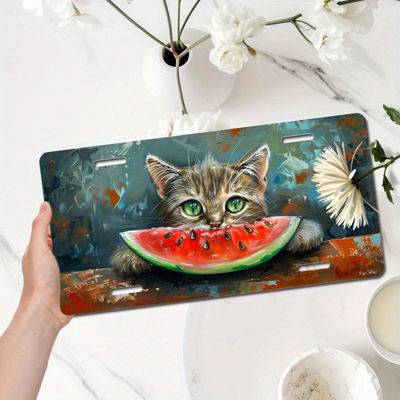 

D Flat Cute Tabby Cat with Watermelon Slice Aluminum Tin Painting License Plate Shape Whimsical Pet Fruit Themed Metal Wall 15x30cm(5.9x7.8inch)