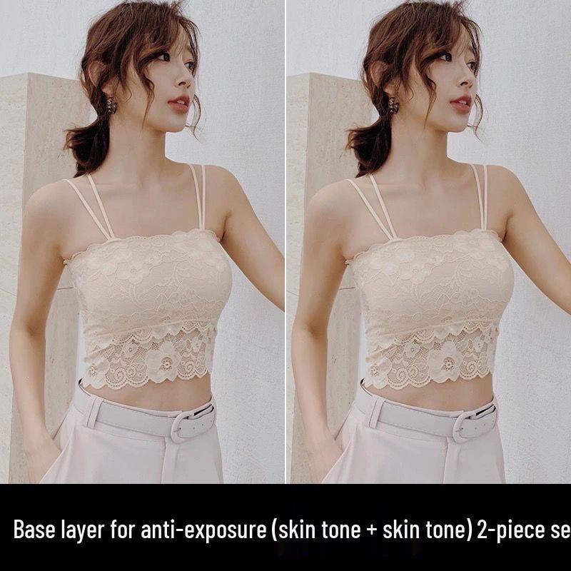 Korean Style Lace Strapless Camisole with Chest Pads for Female Students - Anti-Exposure, Beautiful Back, Summer Wear