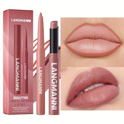 2 Stück/Set Lipliner & Lippenstift Set, Mattes Finish und Feuchtigkeitsspendend, Weiches und Seidiges Gefühl, Für Volle Lippen, Wasserdichte Formel.