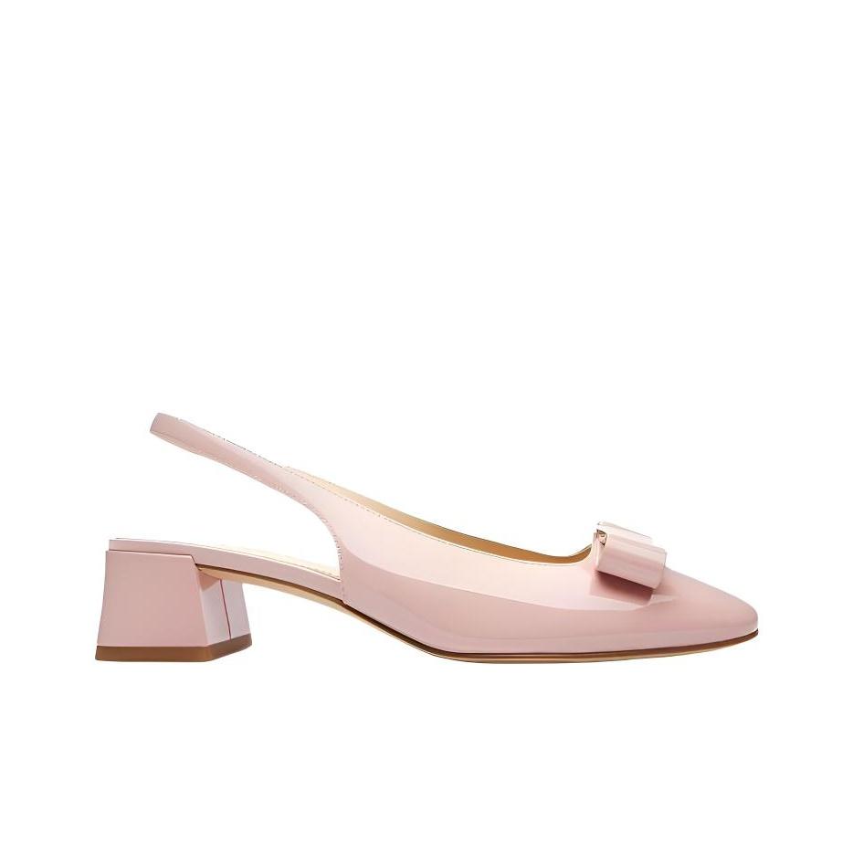 Coach Plaque Leather Round Toe Open Back Slip-On Bow Decor Block Heel High Heels 4cm Women High Heels Nude-Pink CBN25-CRR