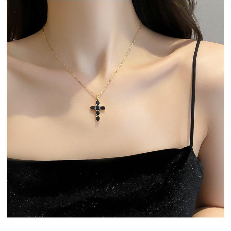 Gold Plated Zircon Cross Pendant Titanium Steel Clavicle Necklace For Women