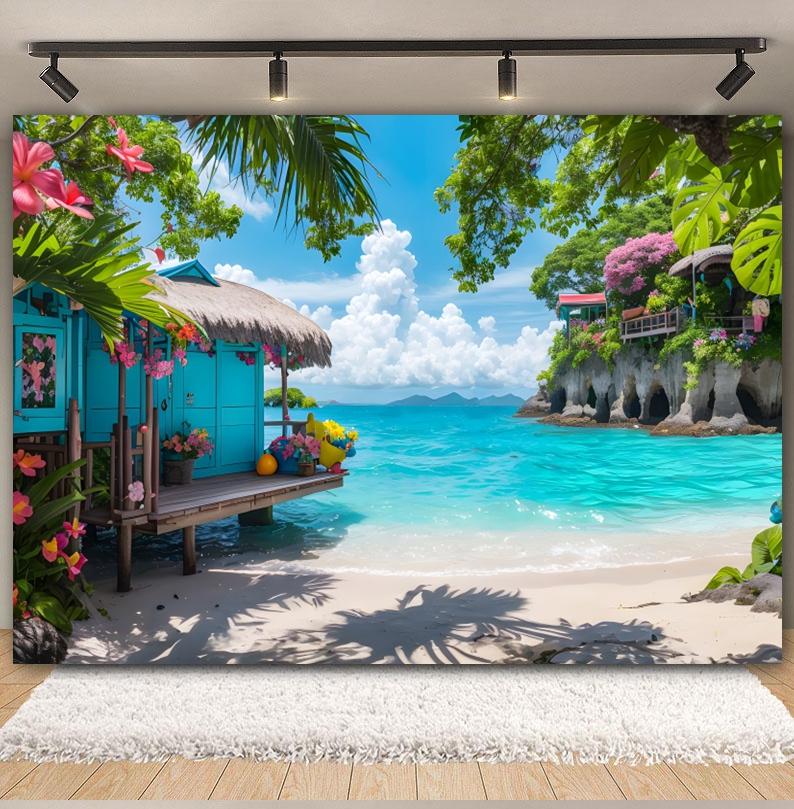 Summer Seaside Fruit Beach Palm Tree Theme Banner Background, Holiday Camping Party Decoration Photography Studio Backdrop Cloth