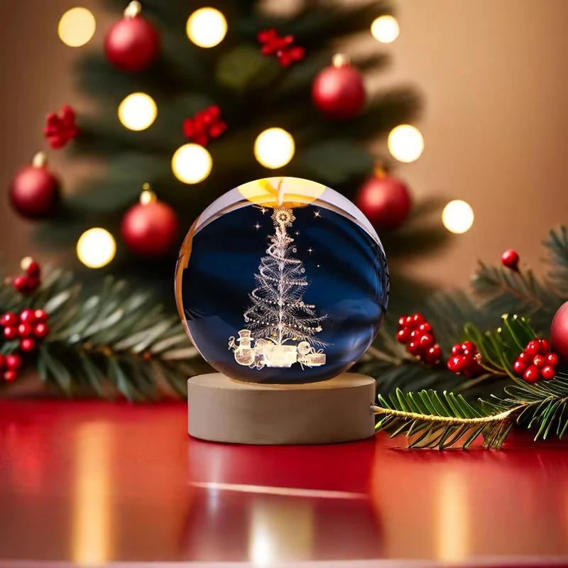 Christmas 3D Crystal Ball Night Lamp USB Santa Claus Engraved Glass Light Wooden Base Xmas Decor Gift for Home Office Desktop