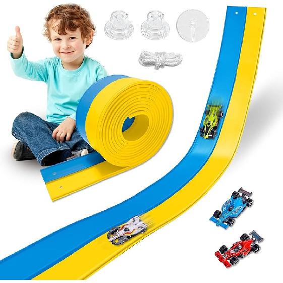 Flexibles Rennbahnspielzeug für Kinder 4,5 m mit 4 Autos & Saugnäpfen, Tragbare zweispurige Rennbahn kompatibel mit Hot Wheels & 1/64 Die-Cast-Autos,