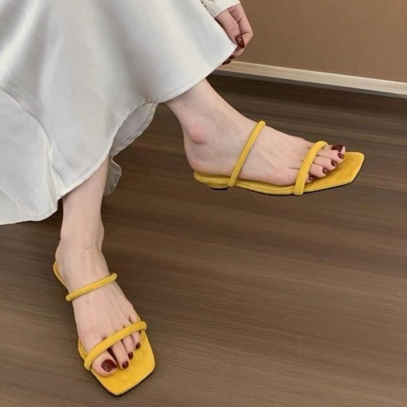Fashion 2025 New Fashion Strange Wedge Slippers For Woman Wide Strap Square Toe Yellow High Heels Mules Slides Shoes Summer Sandal