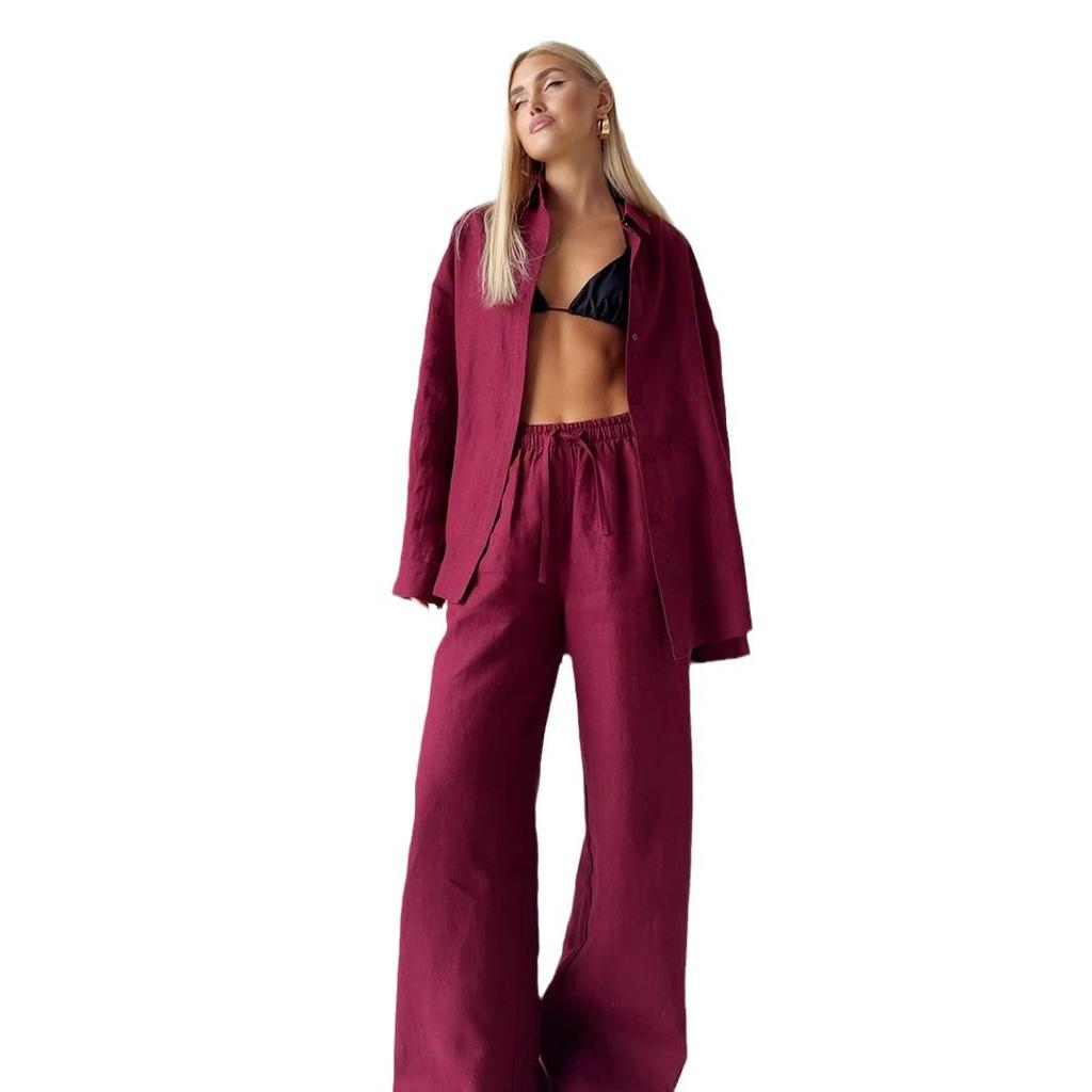 Women Casual Cozy Lapel Pink Shirt Pants Suits Fashion Single Breasted Blouses Elastic Waist Pant Set 2025 Spring Loose Outfits