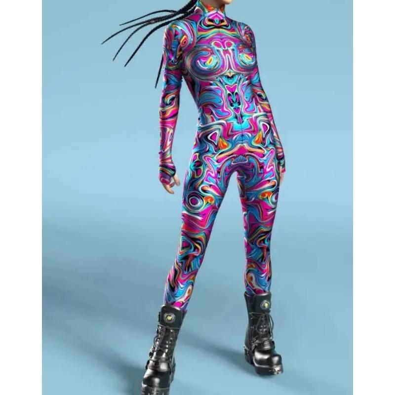 Dámský přiléhavý overal Oblečení Barevný 3D potisk Brnění Zentai Body s rukávy na palce Přední zip Cosplay Kostým Párty Outfit
