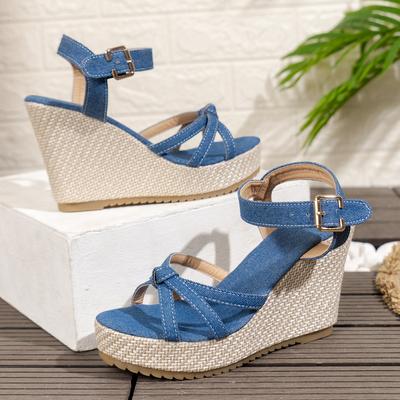 Grube sandały na koturnie Damskie Letnie Niebieski Denim Sandały Plażowe Damskie Duży Rozmiar 42 Paski na Kostkę Szpilki Sandalias