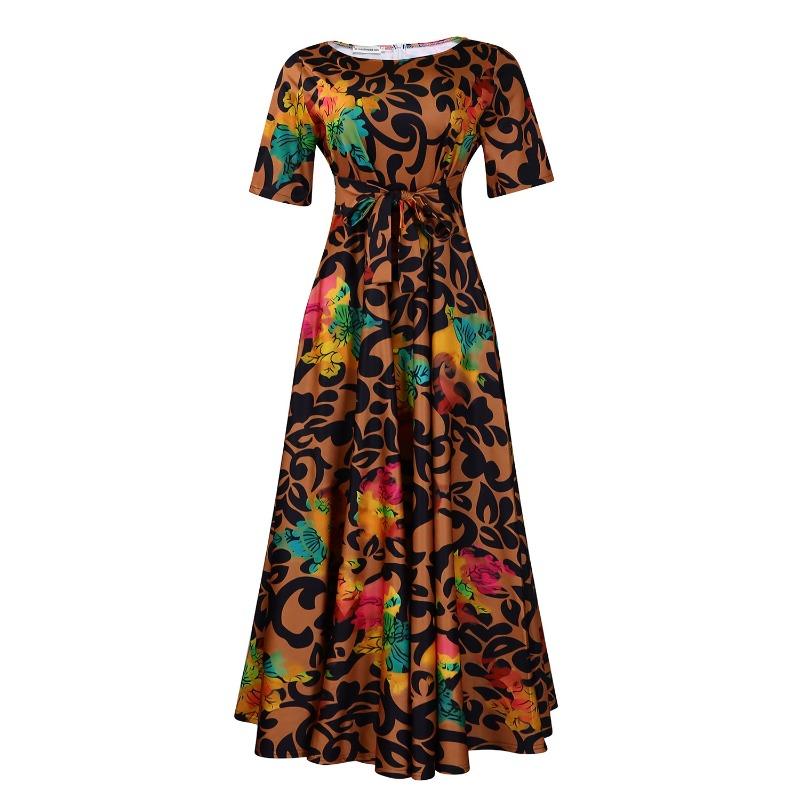 Women Fashion Plus Size Short Sleeve Lace Up Mid Length A Line Dress