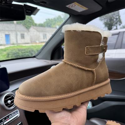 Neue Schneestiefel mit seitlicher Schnalle für Damen, Kuhleder-Schuhe, kurzer Schaft, Woll-Samt-Thermo-Schuhe, rutschfeste Sohle