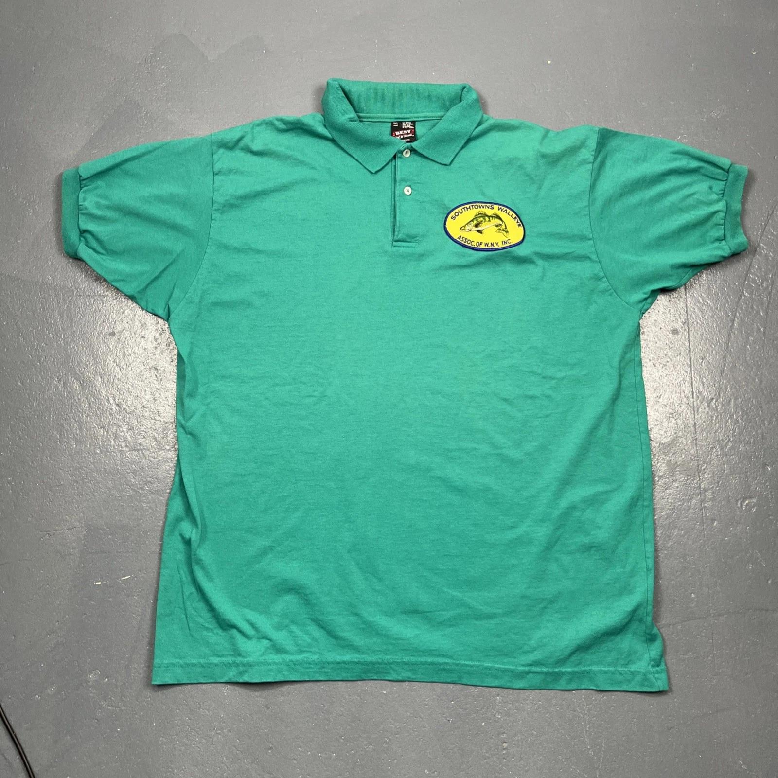 

Vintage 90s Fishing Polo Tshirt Green XXL Southtowns Walleye Assoc. Of WNY VTG 2XL