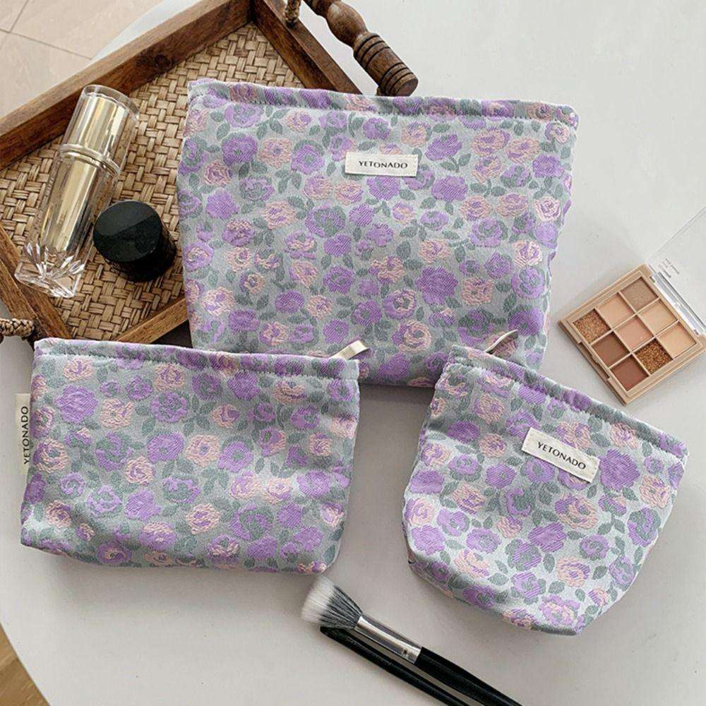 Polyester Canvas Flower Clutch Bag Flower Pattern Zipper Closure Makeup Bag Large Capacity Portable Cosmetic Organizer Women Use