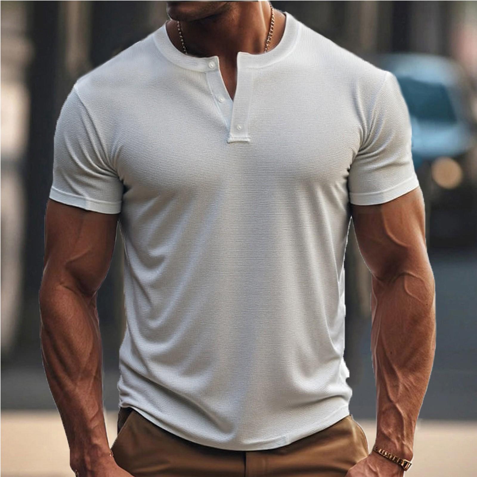 

Мужская летняя футболка с коротким рукавом, мужская футболка для мышц, воротник на пуговицах, спортивная футболка с открытым воротником M белый