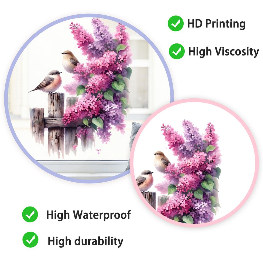 Serene Purple Floral Perched Bird Window Sticker Self-Adhesive Removable Living Room Bedroom Kitchen Office Home Decor Art