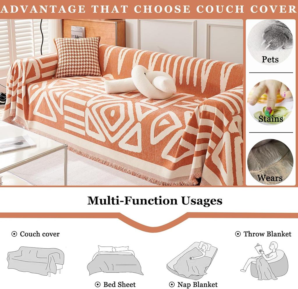 Boho Sofa Covers, Chenille Couch Cover for Dogs Geometric Jacquard Sofa Slipcover Living Room Pet Furniture Protector Washable