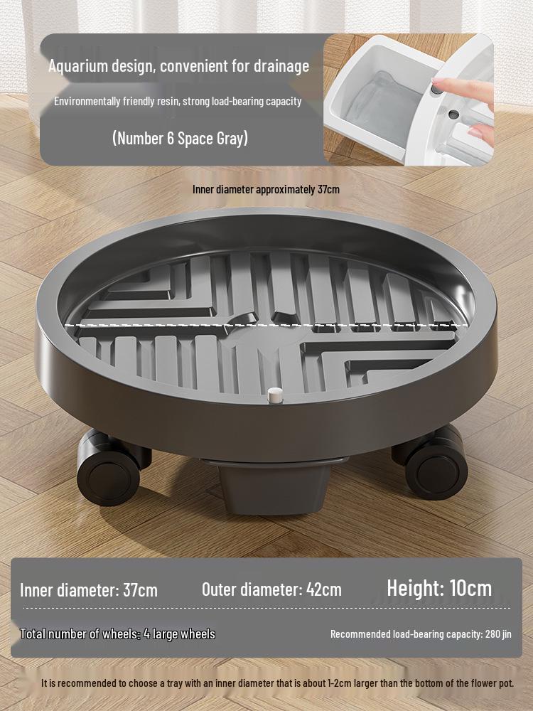 Tempered Mobile Flower Pot Tray with Wheels and Drawer – Round Base, Water-Receiving Tray for Potted Plants
