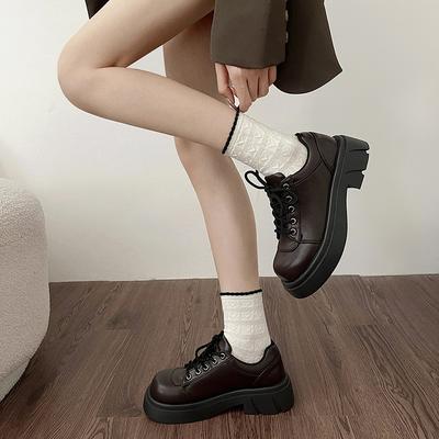 Chaussures en cuir noires style plateforme jupe style britannique petites chaussures d'été 2025 nouvelles à lacets talon épais bout rond chaussures Mary Jane