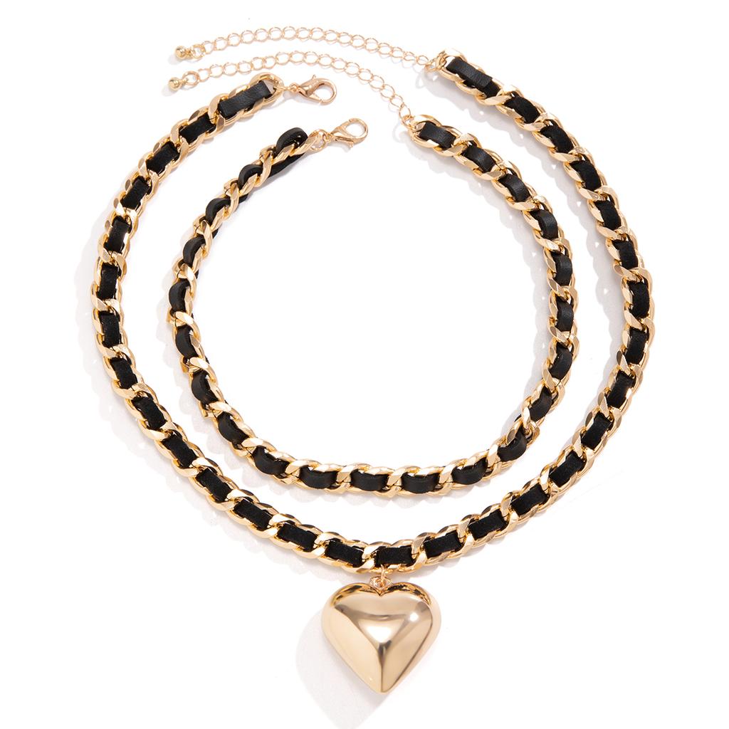 PuRui Trendy Kjærlighetshjerte Anheng Halskjede for Kvinner Lenkekjede Med PU-tau Sjarm Choker Zirkon På Halsen Damer Elegante Gaver
