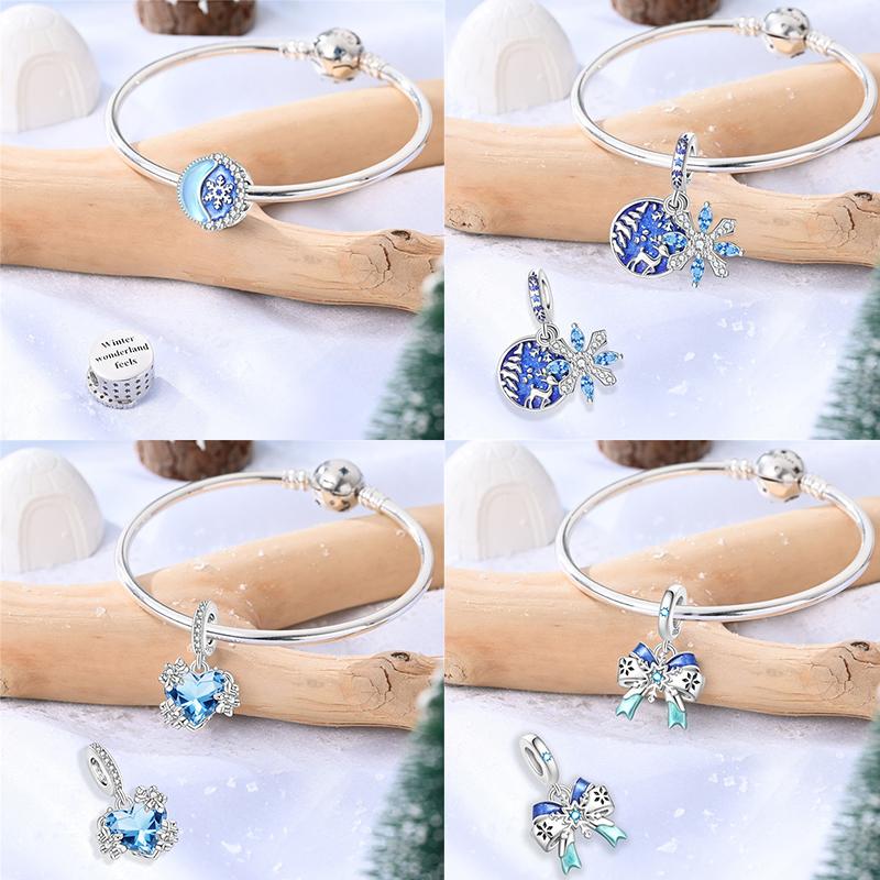 Original 925 Silver Charms Beads Winter Snowflake Snowman Igloo Penguin Pendants Fit Bracelet Charms Women Jewelry Gift