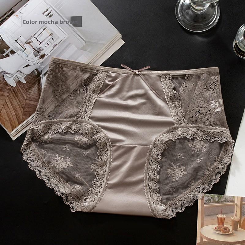Female Summer Sexy Lace Hollow Satin Antibacterial Comfortable Breathable Hip Mid Waist Triangle Briefs
