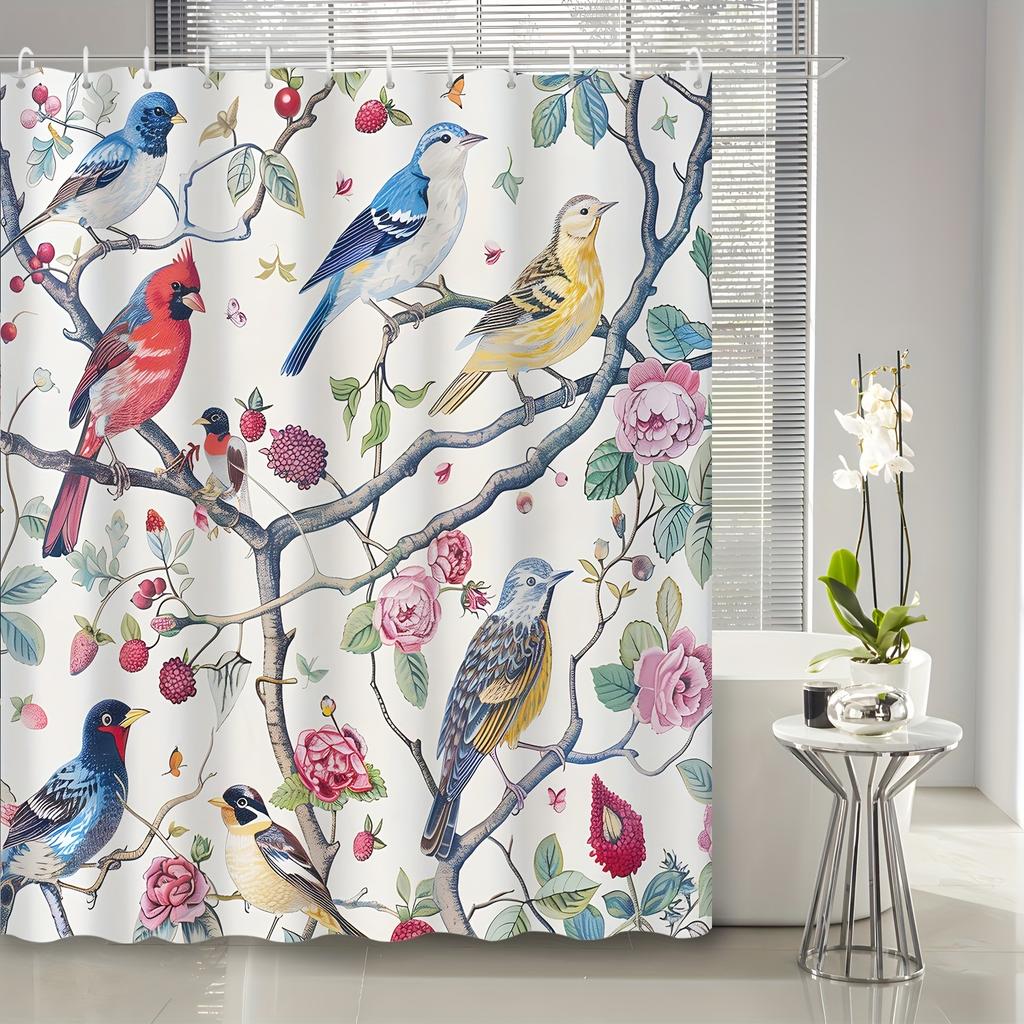 1pcs Chinese Classical Floral Elegant Flower and Bird Painting Shower Curtain Decorative Printed Shower Curtain Polyester Fabric
