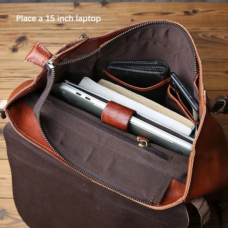 NZPJ Retro Genuine Leather Men Backpack Vegetable Tanned Top Layer Cowhide Backpack Fashionable computer bag for 15 inch laptop