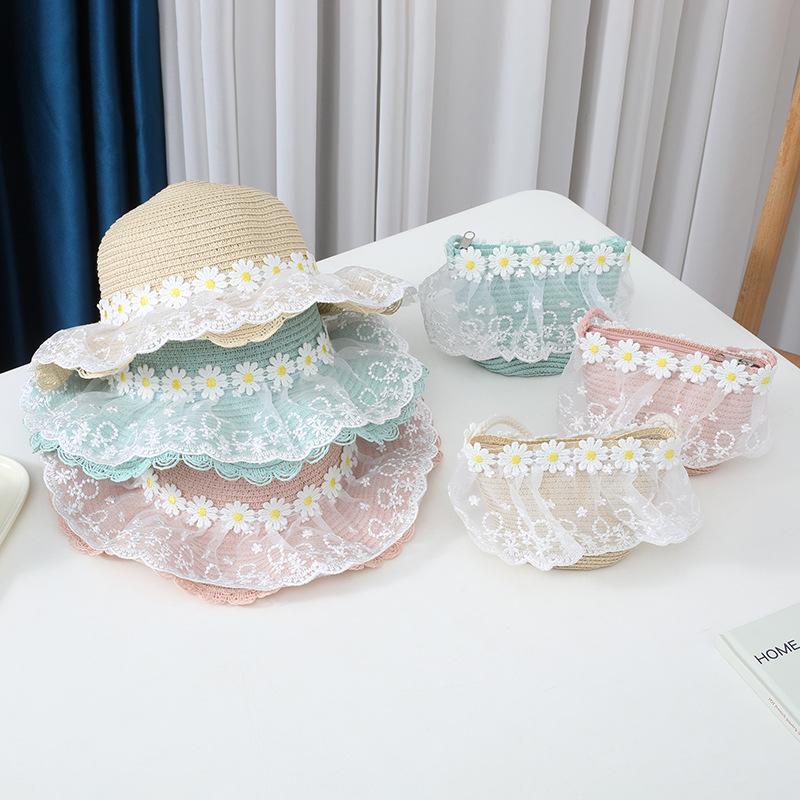 New Baby Straw Hat With Handbag Flower Lace Breathable Beach Hat Bags Kids Hat Boy Girls Floral Sun Visor