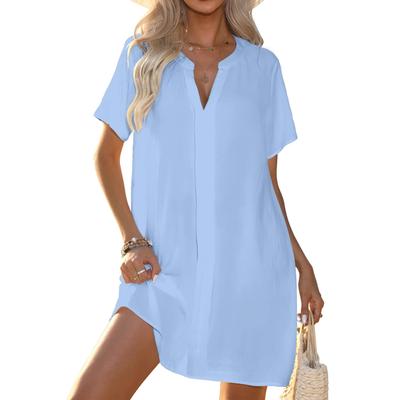 Damen V-Ausschnitt Kurzarm Strand-Überwurf Locker Lässig Strand-Tunika-Kleid